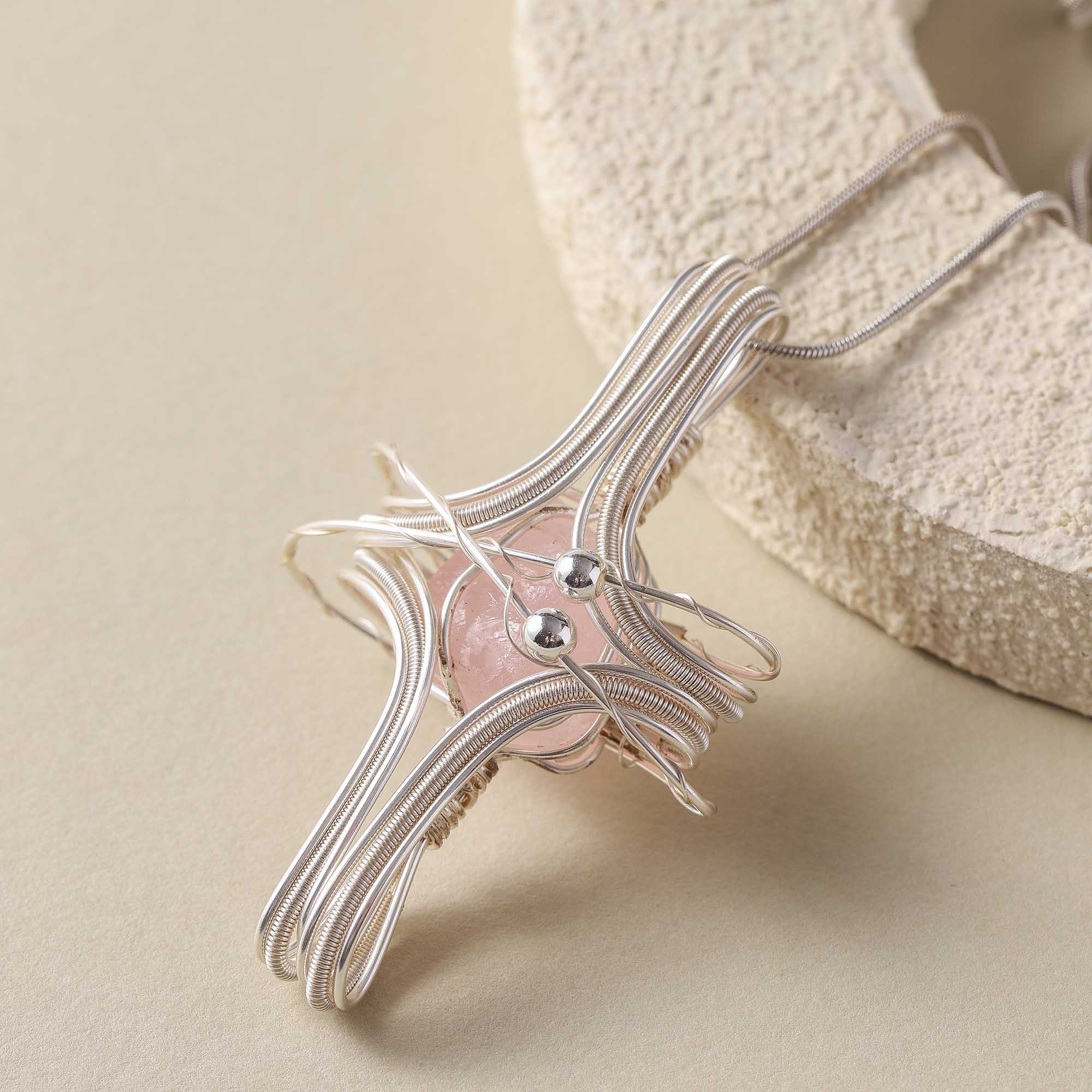 Starry Heart – Rose Quartz Wire Art Pendant