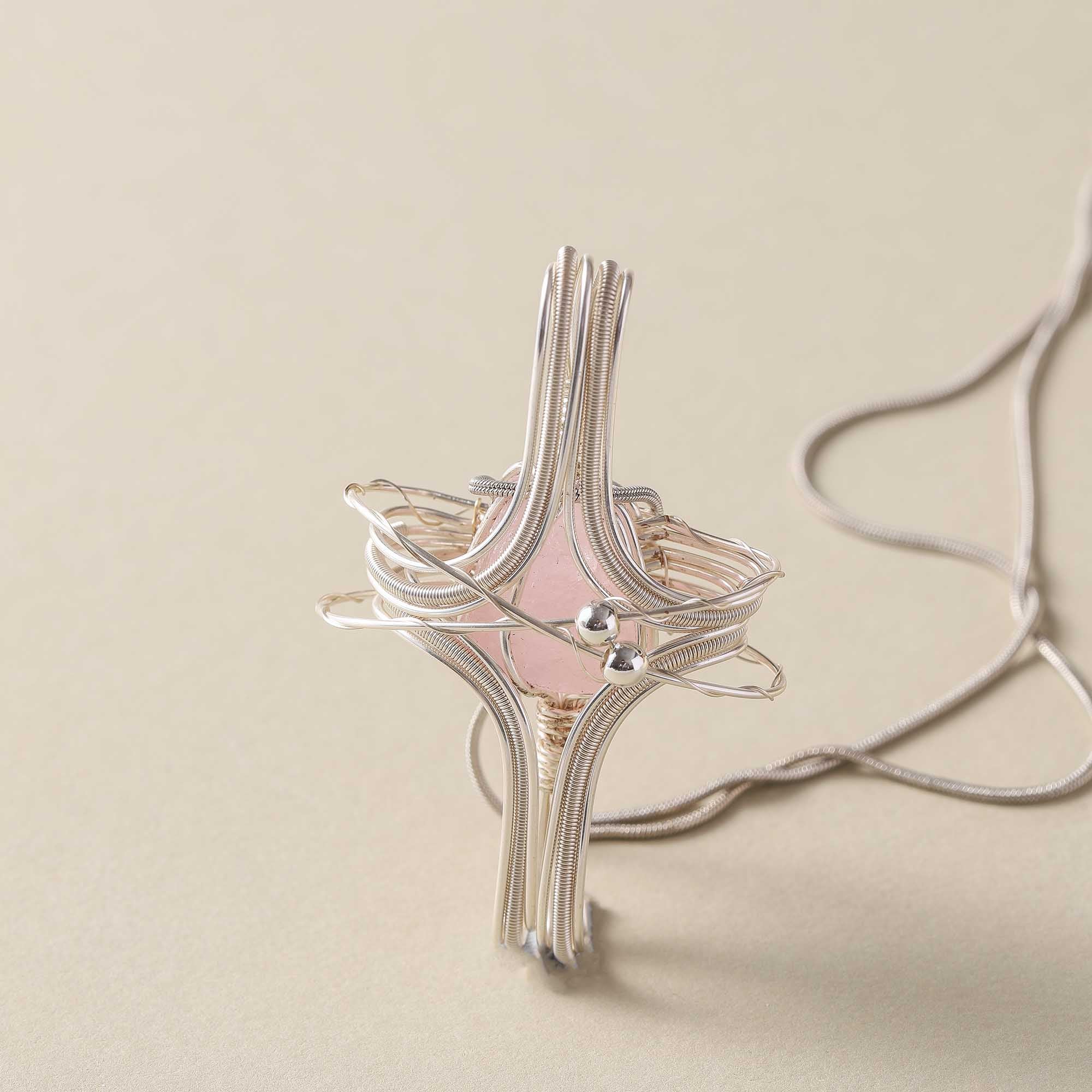 Starry Heart – Rose Quartz Wire Art Pendant